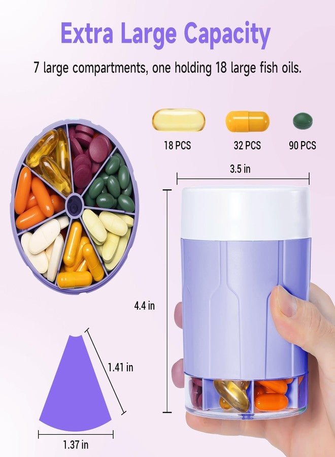 Daviky Pill Bottle Organizer, Supplement Organizer with 7 Large Compartments, Travel Pill Dispenser Round Pill Box with Two Lids（Purple） - Image 3