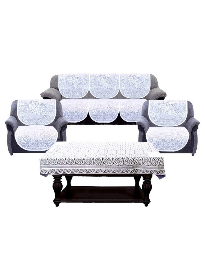 Kuber Industries Self Cotton 7 Piece 5 Seater Sofa Cover with Center Table Cover (White) - Image 1