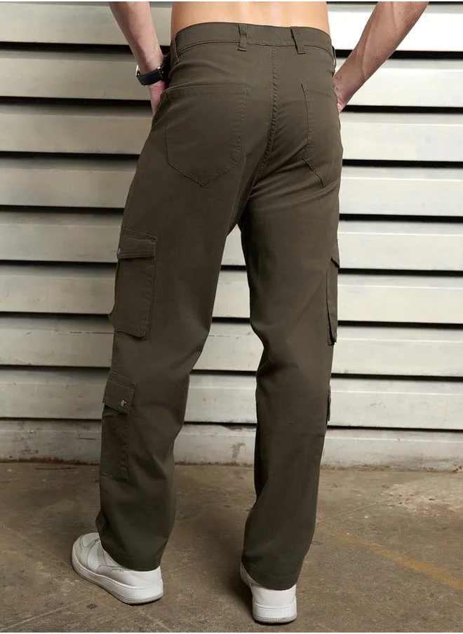 HIGH STAR Solid Loose Fit Mid Rise Cargo Pants