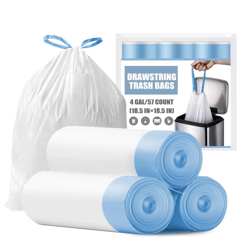 BENEVAL Small Trash Bags 4 Gallon - Drawstring 4 Gallon Trash Bag, Tear-Free 4 Gal Small Garbage Bags, Separated Unscented White Small Trash Bags Bathroom Trash Bags, 57 Count - Image 1