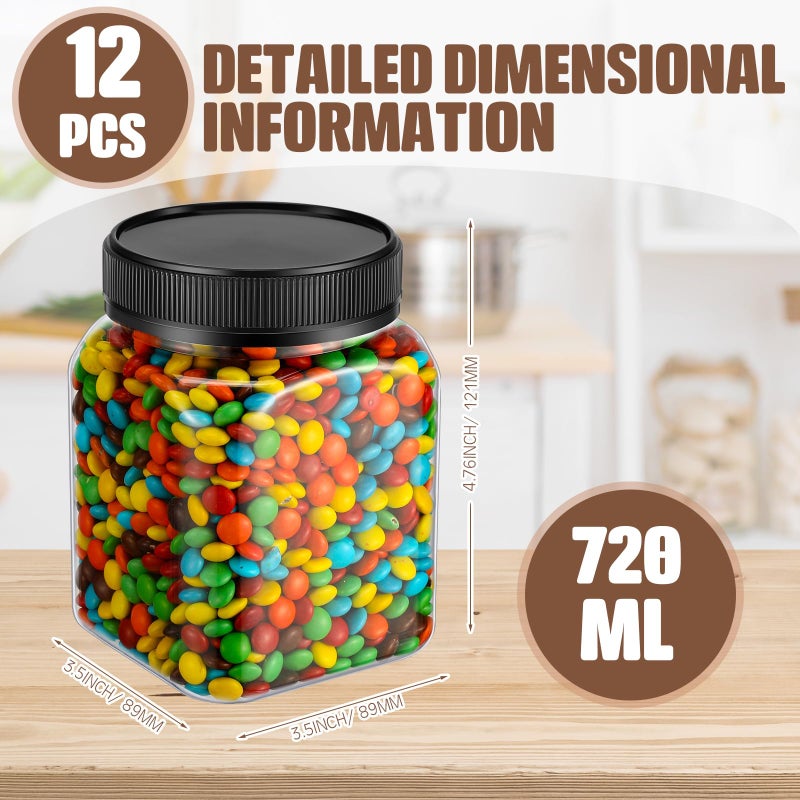 Nosiny 12 Pcs 24 oz Plastic Jars with Lids Airtight Food Containers Large Plastic Jars with Screw on Lids Refillable Kitchen Storage Containers for Dry Food, Coffee, Candy for Kitchen (Black) - Image 2