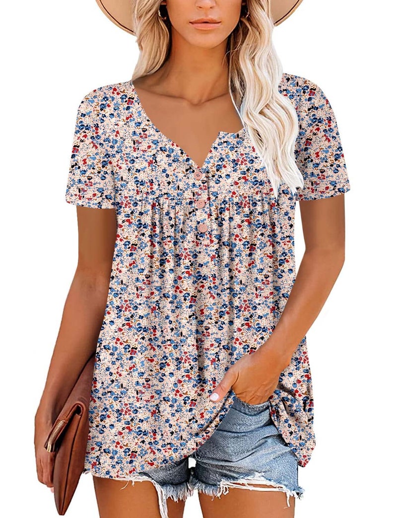 ROSELINLIN Women Tops Summer Short Sleeve Shirts Light Pink Flower Blouse V Neck Pull Over Tunic Top XL - Image 2