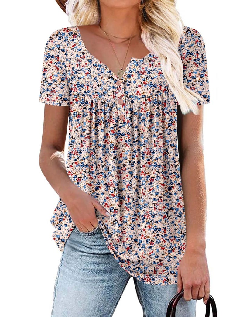 ROSELINLIN Women Tops Summer Short Sleeve Shirts Light Pink Flower Blouse V Neck Pull Over Tunic Top XL - Image 1