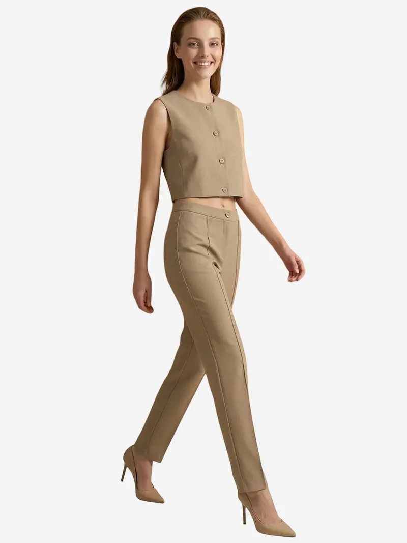 My Fashion Beige Natural MY FASHION Crew Neck Crop Vest & High Waist Pants Two-Piece Set for Women | Best Price UAE