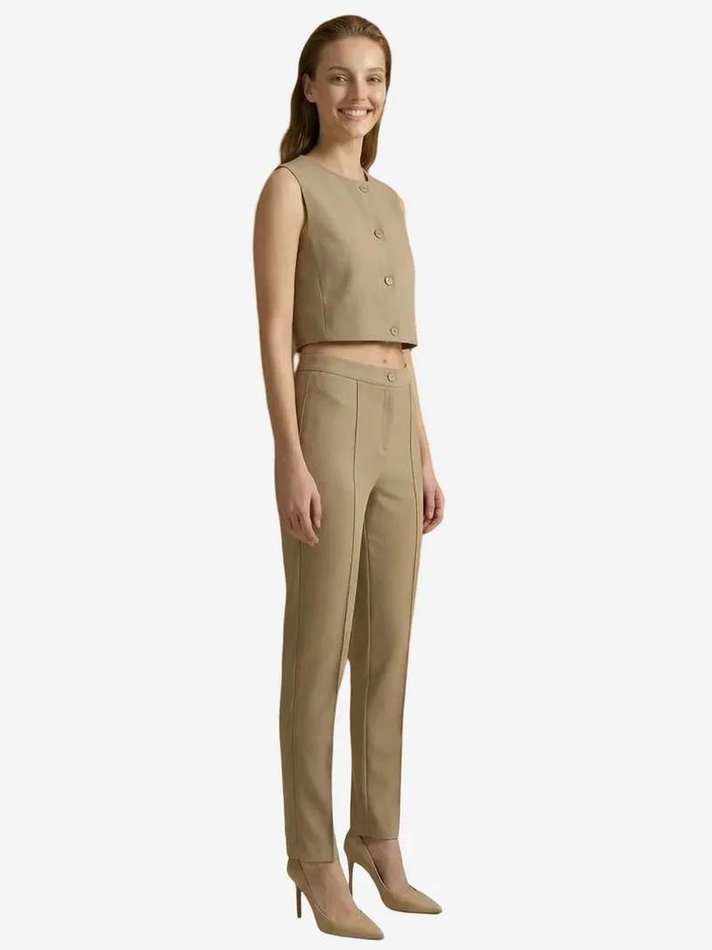 My Fashion Beige Natural MY FASHION Crew Neck Crop Vest & High Waist Pants Two-Piece Set for Women | Best Price UAE