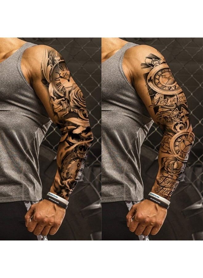 Oottati 4 Sheets Black Full Arm Flower Clock Mask Rose Gun Cross Body Art Temporary Tattoo Stickers 