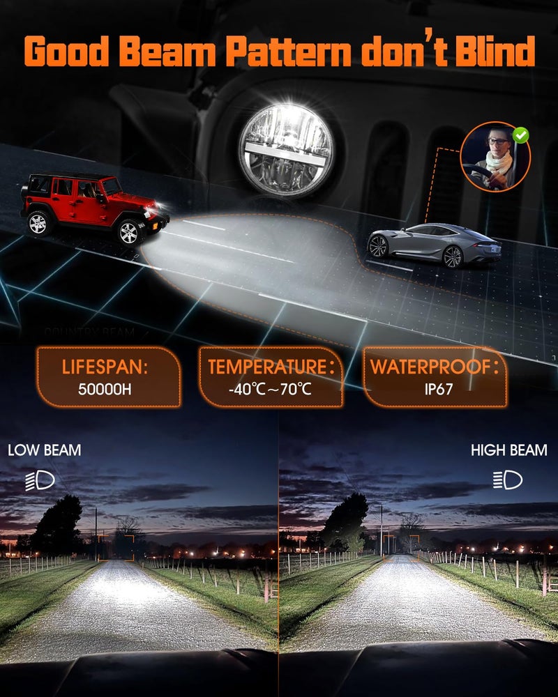 UNI-SHINE 7-Inch LED Headlights - with Amber Turn Signal White DRL, DOT Approved, Hi/Lo Beam, Compatible with Jeep Wrangler JK TJ CJ, Chevy, and Miata - Image 5