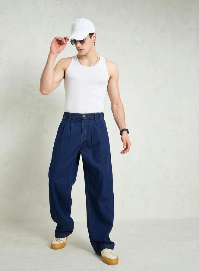 ساسافراس Sassafras Men Navy Blue Mid Rise Front Dart Wide Leg Jeans