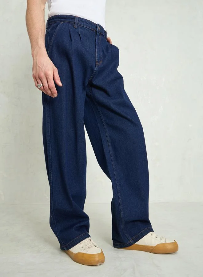 SASSAFRAS Men Navy Blue Mid Rise Front Dart Wide Leg Jeans