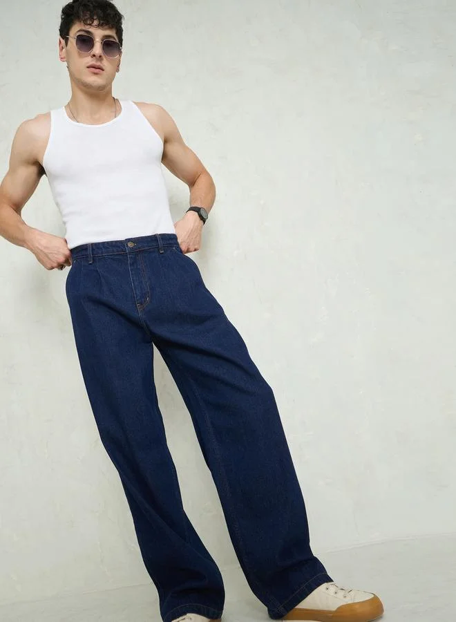 SASSAFRAS Men Navy Blue Mid Rise Front Dart Wide Leg Jeans