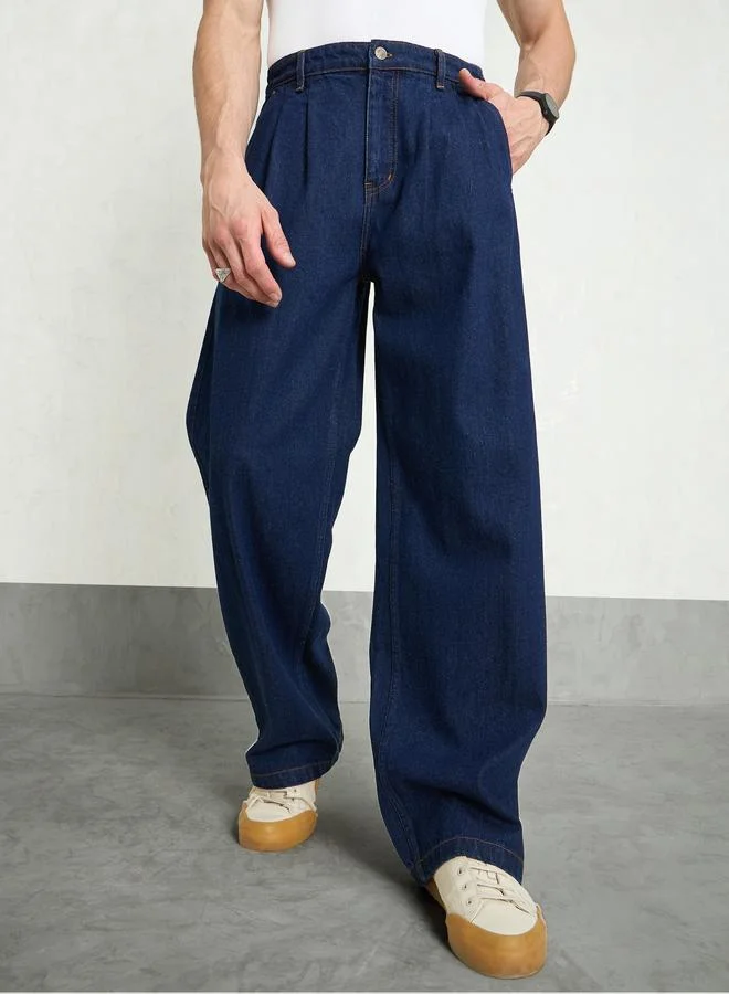 ساسافراس Sassafras Men Navy Blue Mid Rise Front Dart Wide Leg Jeans