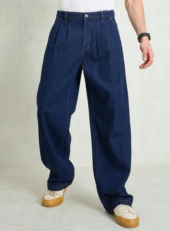 SASSAFRAS Men Navy Blue Mid Rise Front Dart Wide Leg Jeans