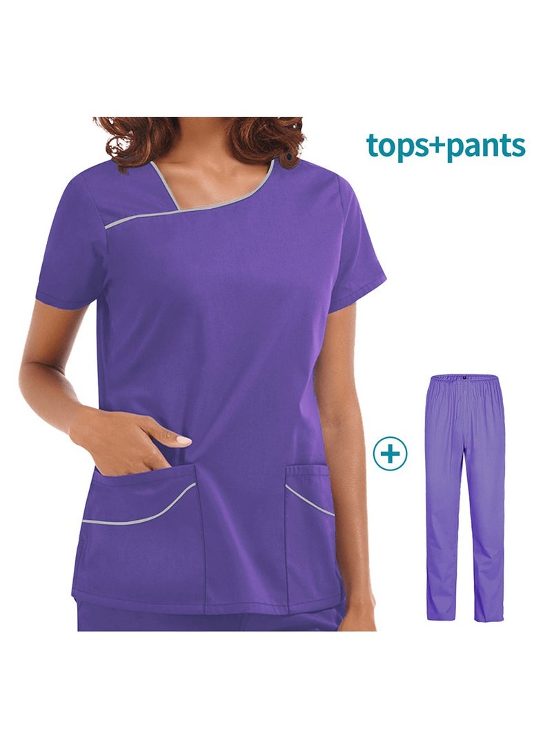 Loquat Womens Medical Uniform Scrubs 2 Piece Set Top and Elastic Waist Pants Suit Purple - Image 1