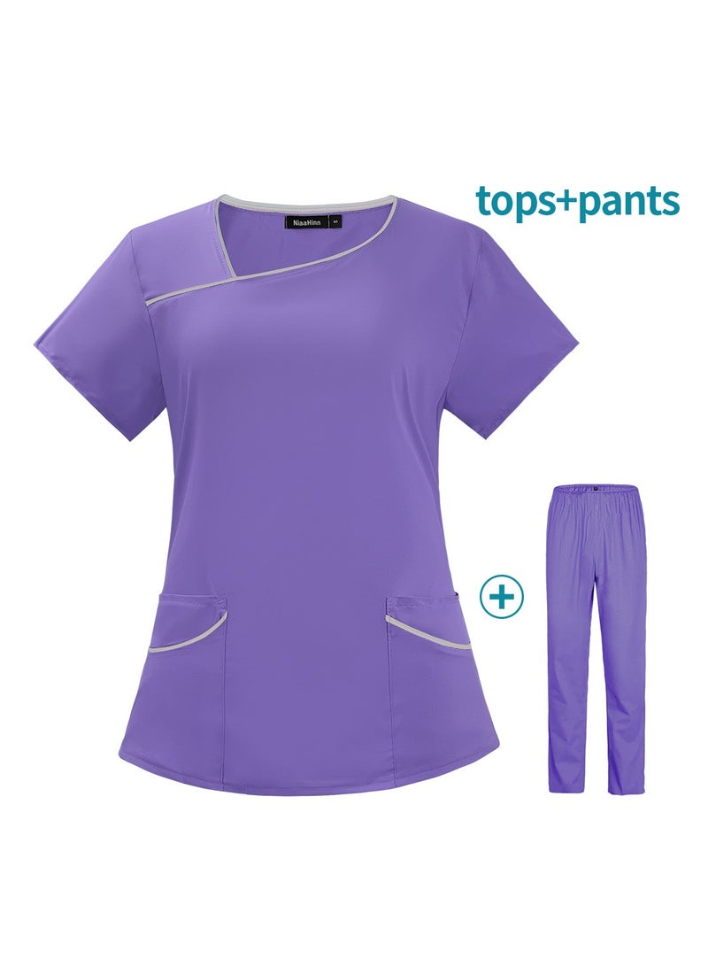 Loquat Womens Medical Uniform Scrubs 2 Piece Set Top and Elastic Waist Pants Suit Purple - Image 2