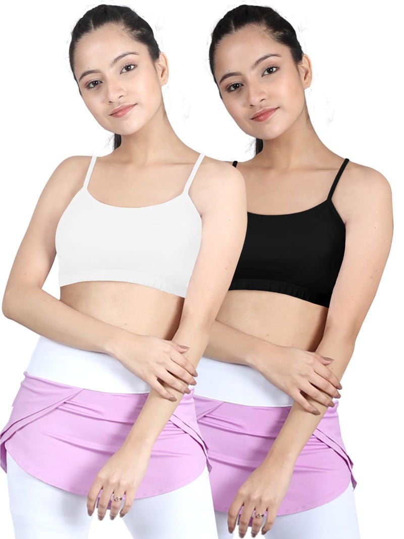 DChica Essentials Sports Bra for Girls, Cotton Non-Padded Full Coverage Beginners Non-Wired Girl T-Shirt Workout Gym Bras, Solid Stylish Broad Strap Training Activewear for Teenager Kids (2 Pcs) - Image 1