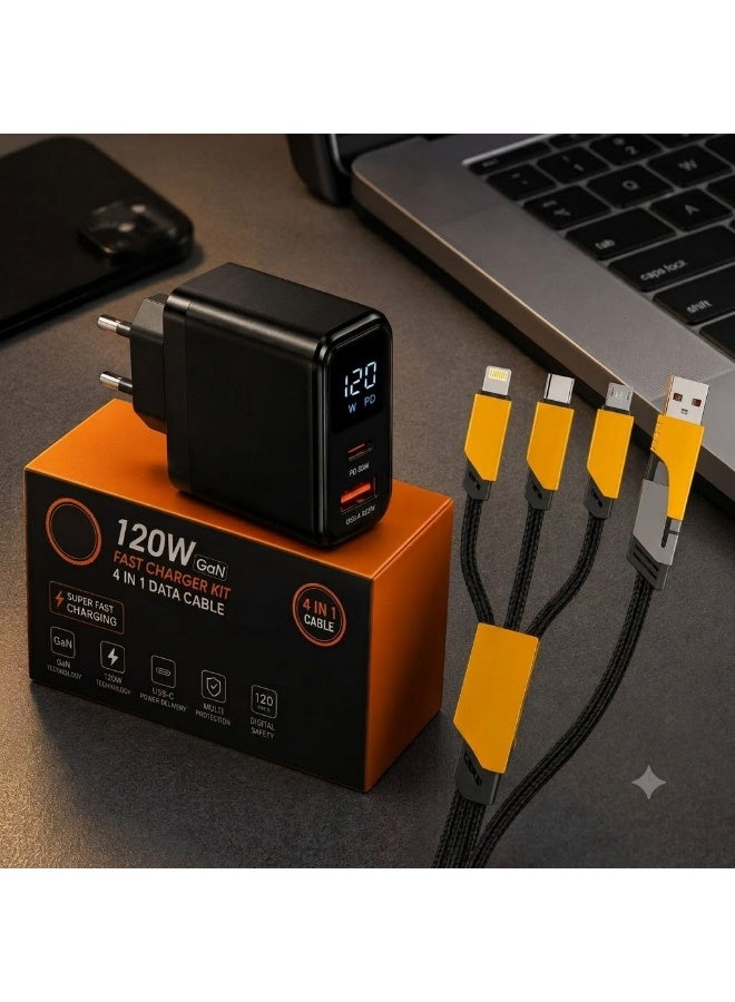 شاحن GaN سريع 120 واط بمنفذ Type-C ومنفذي USB مع كابل شحن سريع 4 في 1 – شاحن جداري ذكي صغير الحجم للهواتف والتابلت واللابتوبات مع حماية متعددة وإصدار EU Plug - Image 3