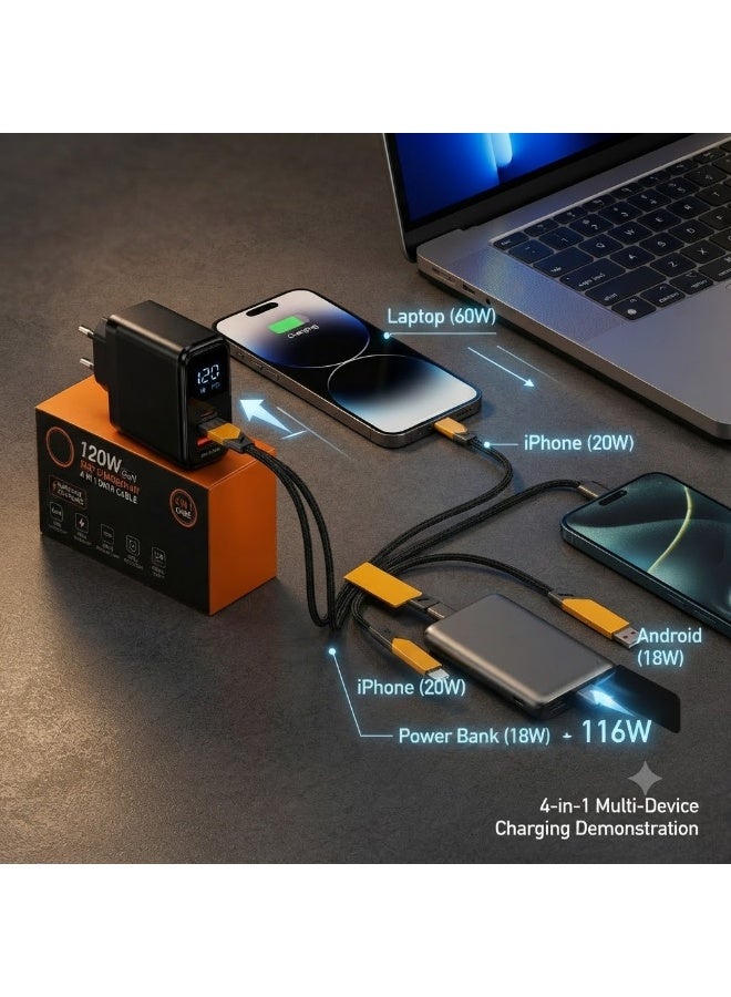 شاحن GaN سريع 120 واط بمنفذ Type-C ومنفذي USB مع كابل شحن سريع 4 في 1 – شاحن جداري ذكي صغير الحجم للهواتف والتابلت واللابتوبات مع حماية متعددة وإصدار EU Plug - Image 5