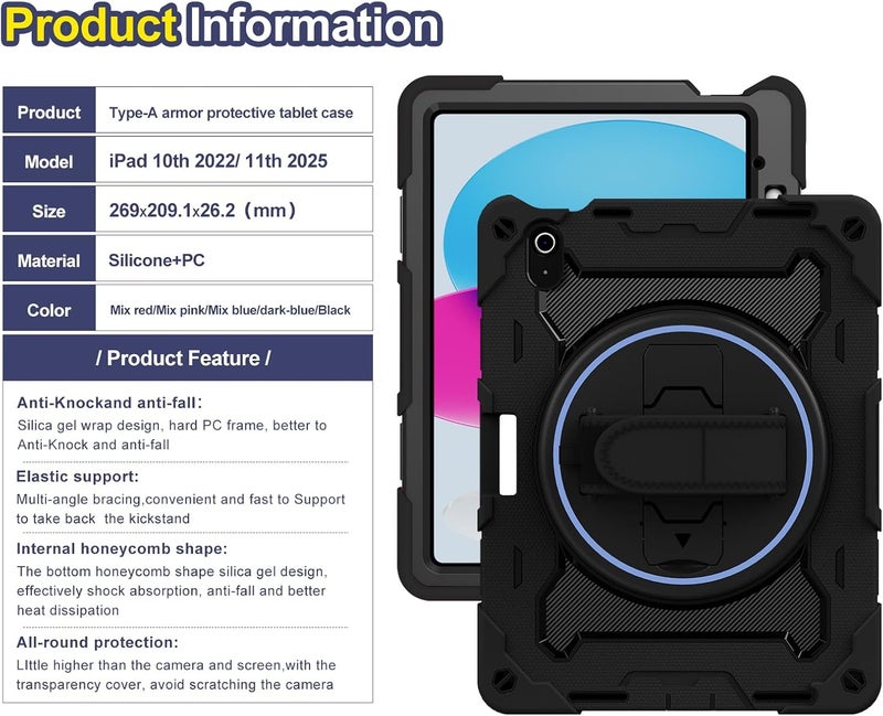 OSALO Case for iPad (A16) 11th 11 Inch 2025 & iPad 10th 10.9 Inch 2022 Case with Pencil Holder, 360 Rotating Hand Strap and Stand Heavy Duty Shockproof Tablet Protective Cover, Black - Image 3