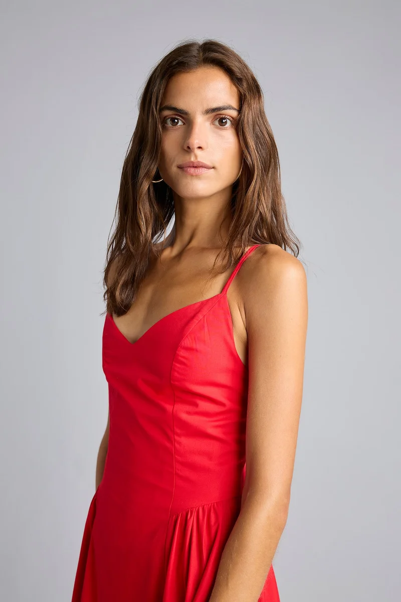 Defacto  100% Cotton V-Neck Poplin Strappy Midi Dress for Women | Best Price UAE