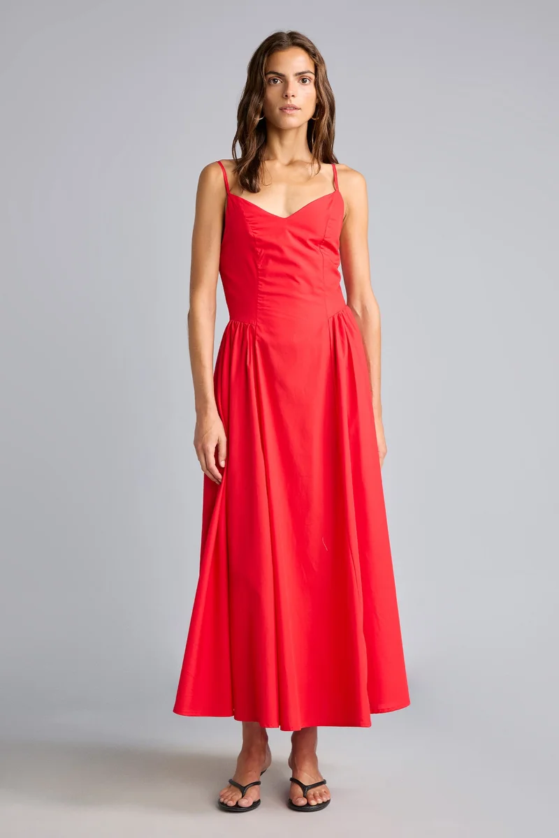 100% Cotton V-Neck Poplin Strappy Midi Dress