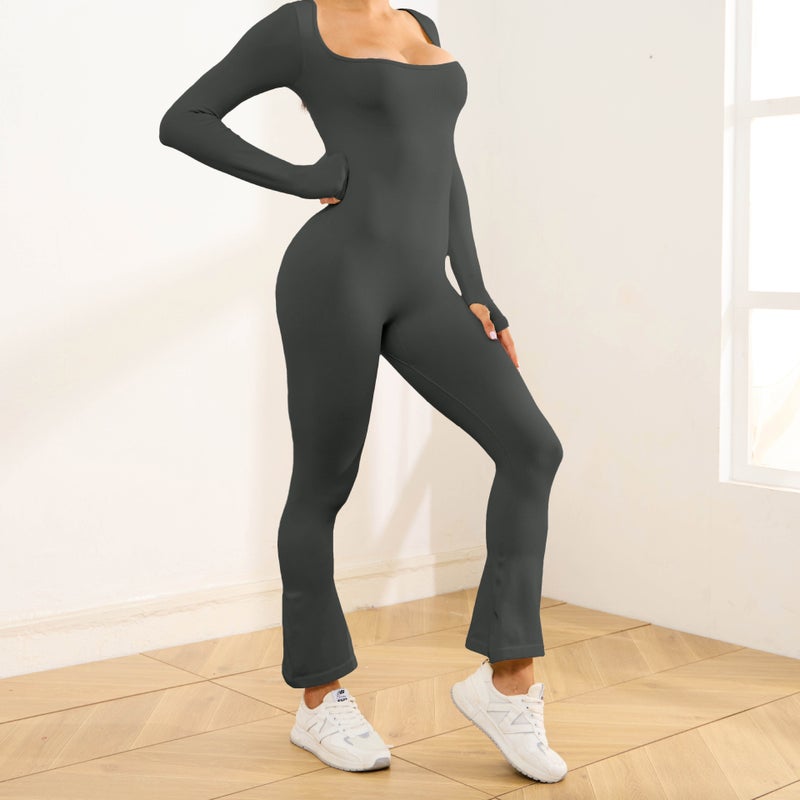 Generic 2023 Autumn Winter Yoga Jumpsuit Flare Pants Thumbhole Olive green