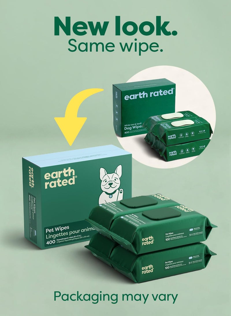 Earth Rated Pet Wipes for Dogs and Cats, Hypoallergenic, 3-in-1 Cleaning, Deodorizing and Hydrating, for Grooming Paws, Body and Butt, New White Tea and Basil Scent, 400 Count - Image 2