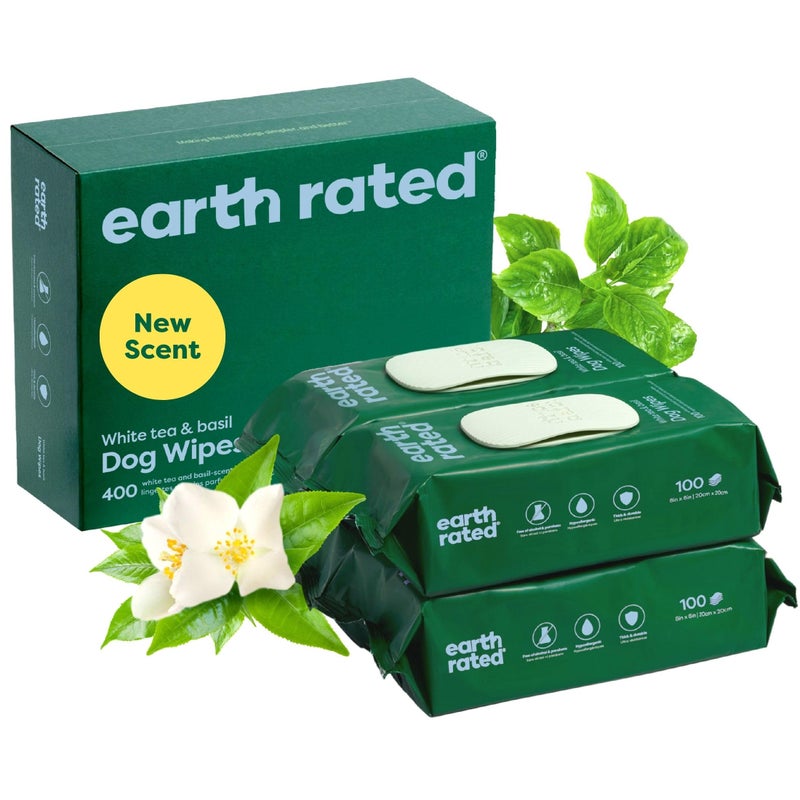 Earth Rated Pet Wipes for Dogs and Cats, Hypoallergenic, 3-in-1 Cleaning, Deodorizing and Hydrating, for Grooming Paws, Body and Butt, New White Tea and Basil Scent, 400 Count - Image 1