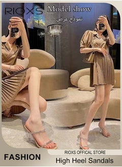 RIOXS Women's High Heel Sandals, Strappy Heels For Women, Rhinestone Chain Square Toe Heels, Ladies Heeled Sandals, Dress Slid Sandals Shoes, Trendy Heels For Work Party  - Image 2