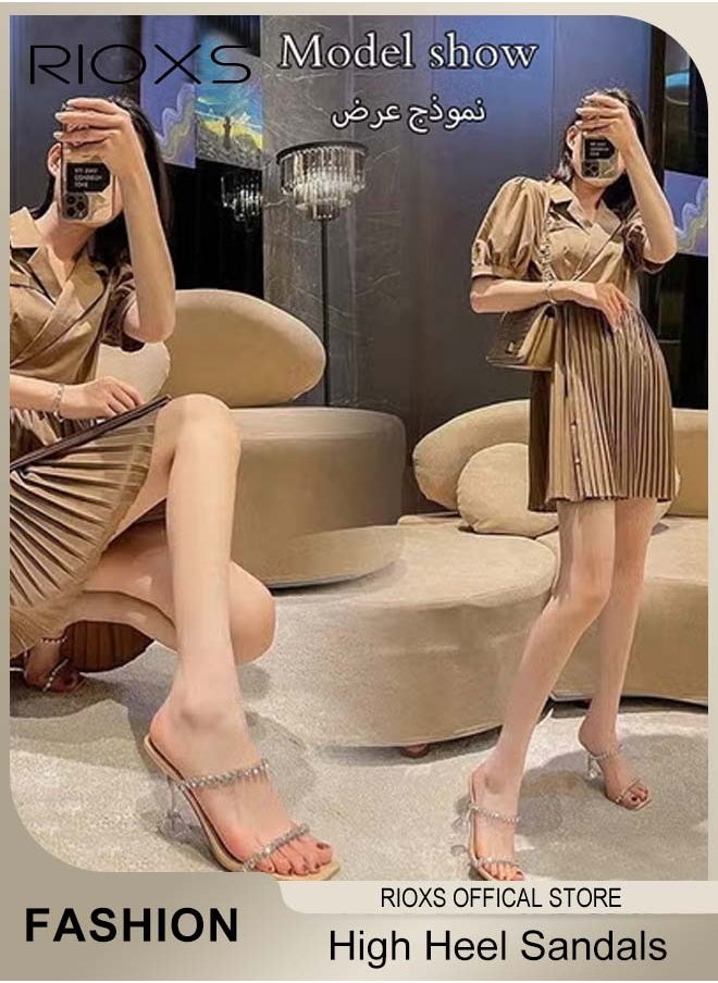 RIOXS Women's High Heel Sandals, Strappy Heels For Women, Rhinestone Chain Square Toe Heels, Ladies Heeled Sandals, Dress Slid Sandals Shoes, Trendy Heels For Work Party  - Image 2
