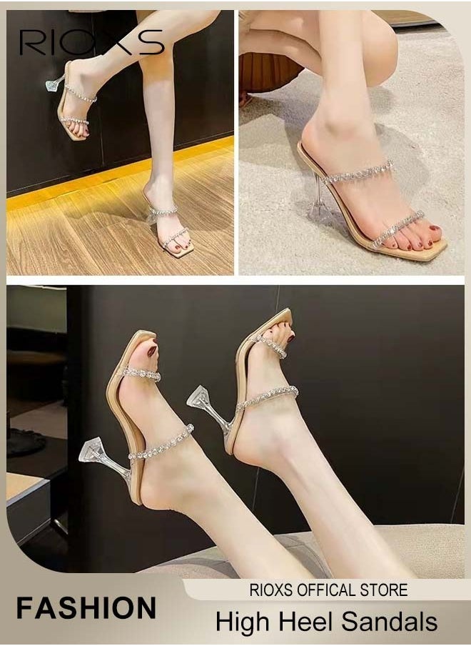 RIOXS Women's High Heel Sandals, Strappy Heels For Women, Rhinestone Chain Square Toe Heels, Ladies Heeled Sandals, Dress Slid Sandals Shoes, Trendy Heels For Work Party  - Image 4