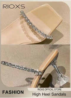 RIOXS Women's High Heel Sandals, Strappy Heels For Women, Rhinestone Chain Square Toe Heels, Ladies Heeled Sandals, Dress Slid Sandals Shoes, Trendy Heels For Work Party  - Image 5