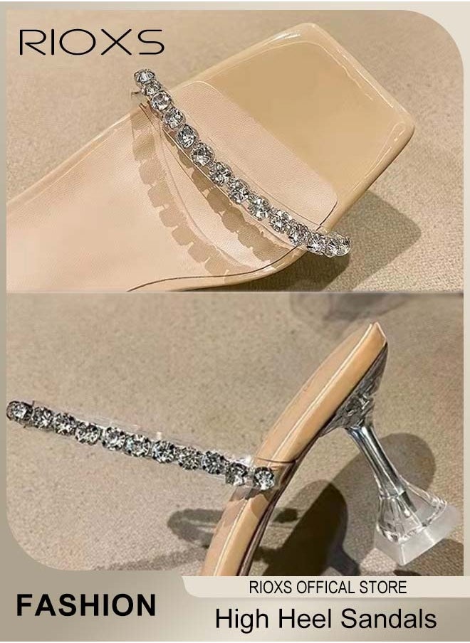 RIOXS Women's High Heel Sandals, Strappy Heels For Women, Rhinestone Chain Square Toe Heels, Ladies Heeled Sandals, Dress Slid Sandals Shoes, Trendy Heels For Work Party  - Image 5