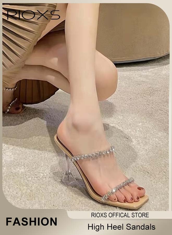RIOXS Women's Strappy Heeled Sandals, Open Square Toe Stiletto Heels  For Ladies, Elegant Rhinestone Chain Slip On Sandles Dressy Sandals, Lightweight Dress Slid Sandals Shoes, Trendy Heels For Work/ Party/ Daily/ Date/ Formal Events - Image 2