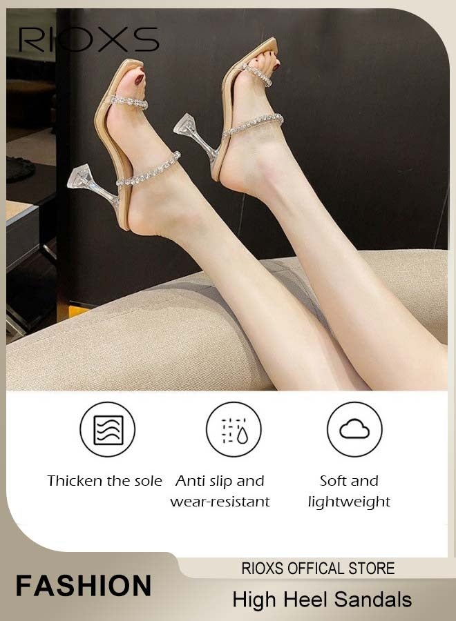 RIOXS Women's Strappy Heeled Sandals, Open Square Toe Stiletto Heels  For Ladies, Elegant Rhinestone Chain Slip On Sandles Dressy Sandals, Lightweight Dress Slid Sandals Shoes, Trendy Heels For Work/ Party/ Daily/ Date/ Formal Events - Image 5