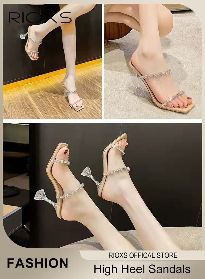 RIOXS Women's Strappy Heeled Sandals, Open Square Toe Stiletto Heels  For Ladies, Elegant Rhinestone Chain Slip On Sandles Dressy Sandals, Lightweight Dress Slid Sandals Shoes, Trendy Heels For Work/ Party/ Daily/ Date/ Formal Events - Image 3