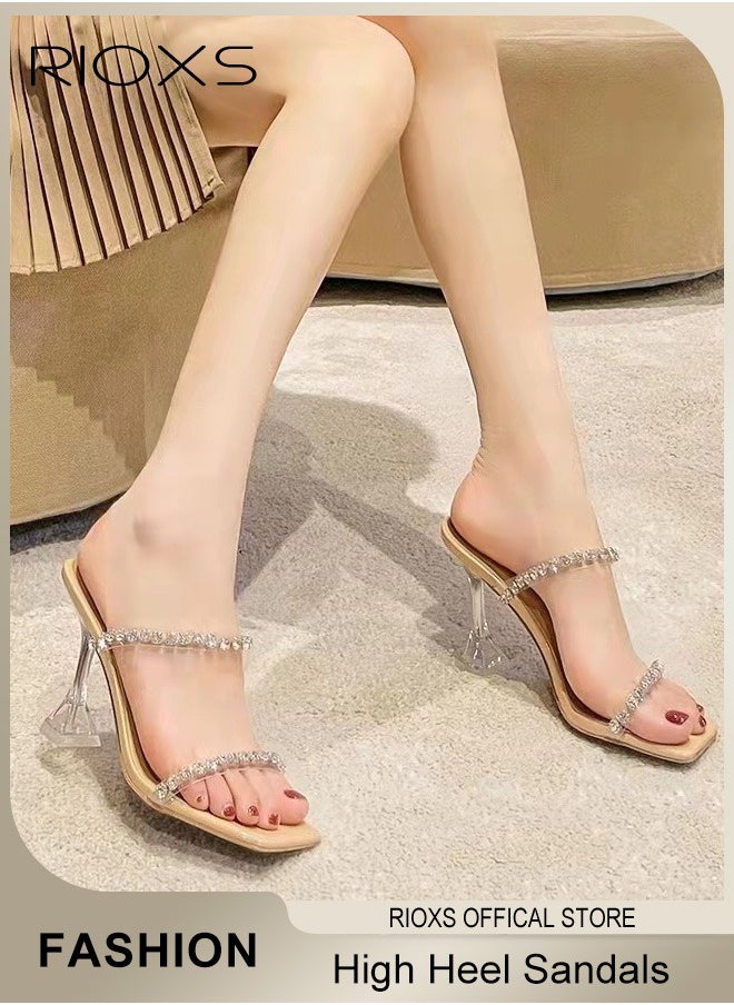 RIOXS Women's High Heel Sandals, Strappy Heels For Women, Rhinestone Chain Square Toe Heels, Ladies Heeled Sandals, Dress Slid Sandals Shoes, Trendy Heels For Work Party  - Image 1