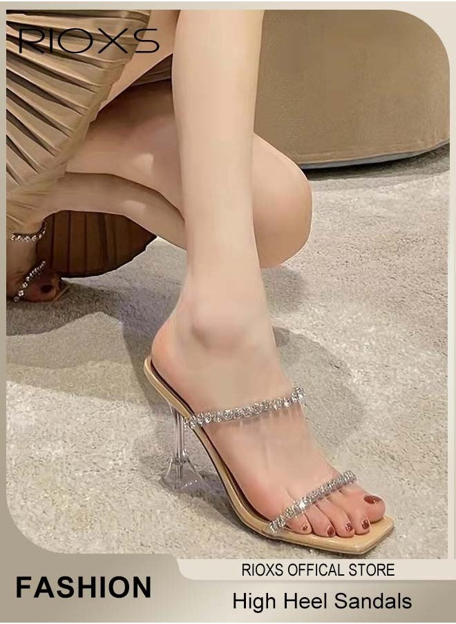 RIOXS Women's High Heel Sandals, Strappy Heels For Women, Rhinestone Chain Square Toe Heels, Ladies Heeled Sandals, Dress Slid Sandals Shoes, Trendy Heels For Work Party  - Image 3
