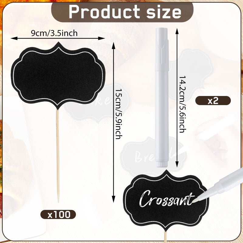 Chinco 100 Pcs Black Cheese Markers Charcuterie Board Labels Food Tags for Party Buffet Cake Cupcake Topper Sticks Cocktail Picks Toothpick Signs for Wedding Birthday Party Decor with Marker Pens - Image 2