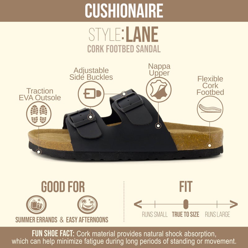 CUSHIONAIRE Lane Cork Footbed Sandals for Women â€“ Comfortable Double Buckle Slip-On with Genuine Suede Footbed & Arch Support Slides for Women Footwear, BLACK 8.5W - Image 4