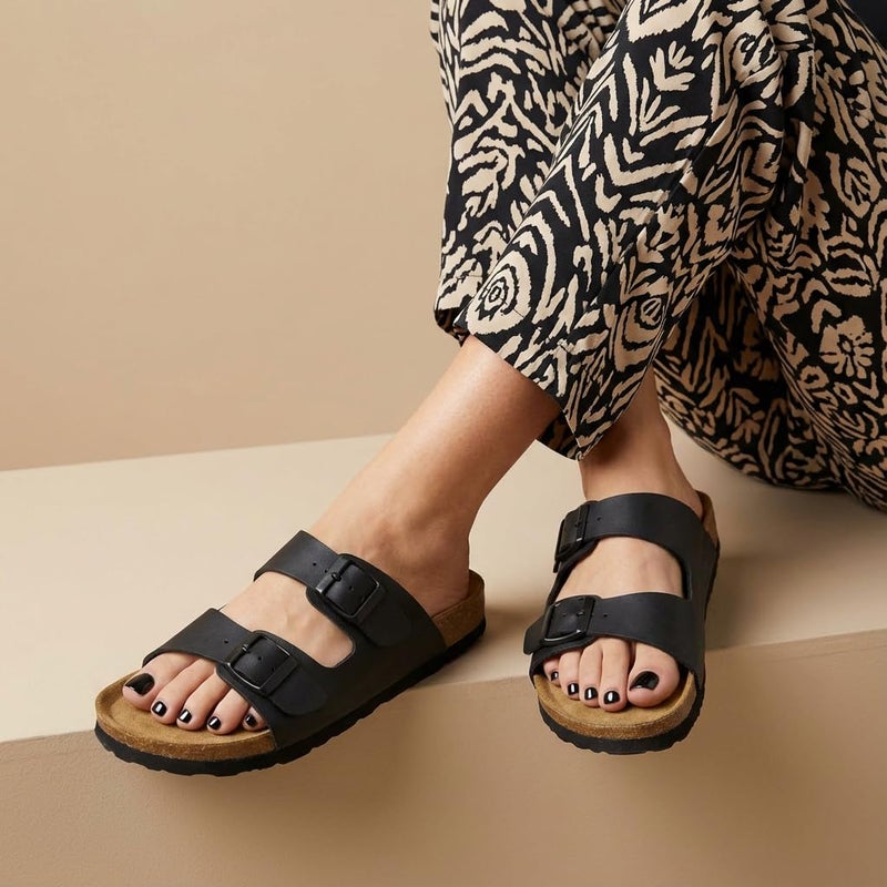 CUSHIONAIRE Lane Cork Footbed Sandals for Women â€“ Comfortable Double Buckle Slip-On with Genuine Suede Footbed & Arch Support Slides for Women Footwear, BLACK 8.5W - Image 5