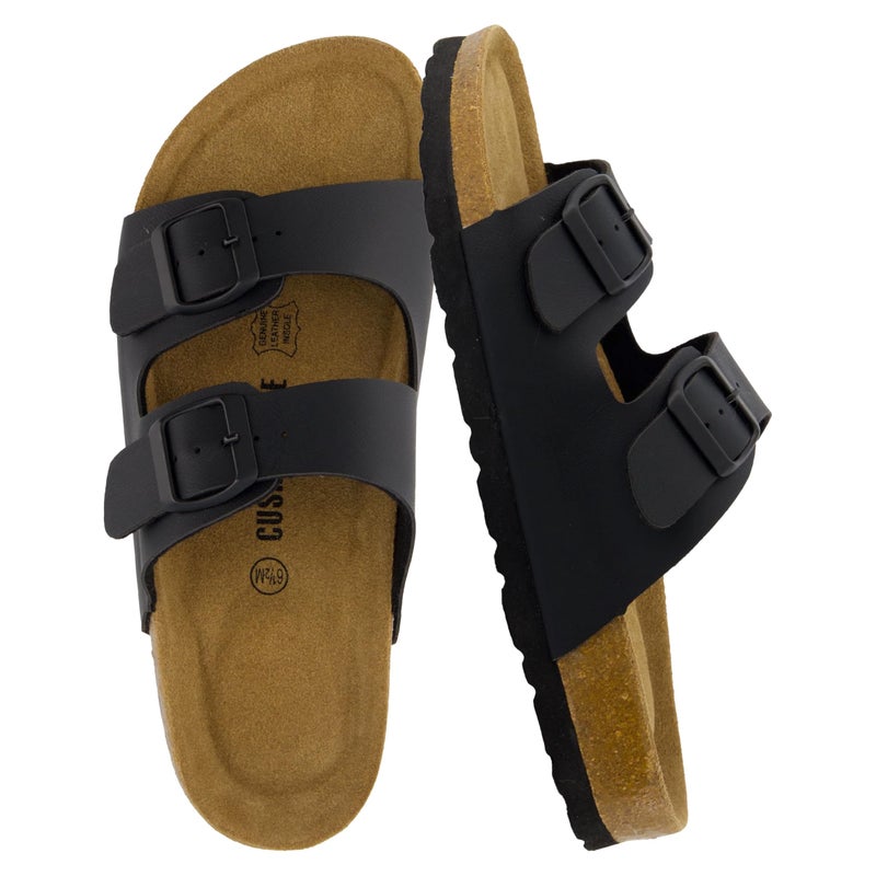 CUSHIONAIRE Lane Cork Footbed Sandals for Women â€“ Comfortable Double Buckle Slip-On with Genuine Suede Footbed & Arch Support Slides for Women Footwear, BLACK 8.5W - Image 1