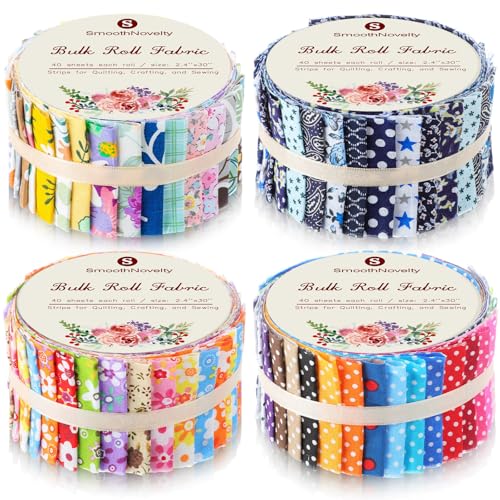 SmoothNovelty 160 Pcs 4 Roll Summer Floral Fabric Strips Assorted Spring Flower Quilting Fabric for Quilting Crafting and Sewing Rolled Cotton for Craft Blanket Rug UpholsteryClassic Style - Image 1