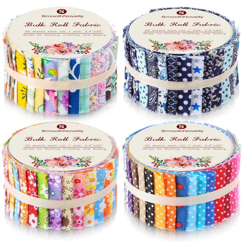 SmoothNovelty 160 Pcs 4 Roll Summer Floral Fabric Strips Assorted Spring Flower Quilting Fabric for Quilting Crafting and Sewing Rolled Cotton for Craft Blanket Rug UpholsteryClassic Style - Image 2