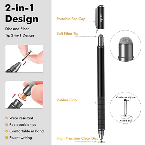 Digiroot Universal Stylus,[2-in-1] Disc Stylus Pens for All Touch Screens Cell Phones, iPad, Tablets, Laptops with 6 Replacement Tips(4 Discs, 2 Fiber Tips Included) - (Black) - Image 3