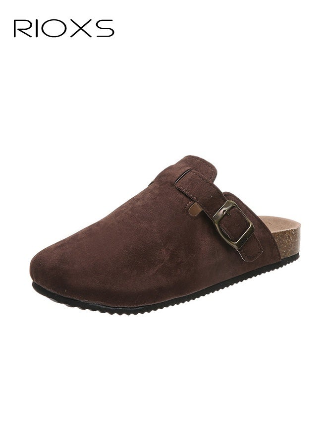 RIOXS Unisex Suede Clogs, Premium Suede Leather Clogs Sandals For Women And Men, Anti-Slip Flat Mules, Classic Slip-On Closed Toe Slippers, Clogs With Arch Support And Adjustable Buckle, Casual Clogs For Indoors Outdoor Activities, ​​Brown Suede Mules With Buckle, Wide Feet Friendly Clogs for Work and Weekend Outings - Image 1