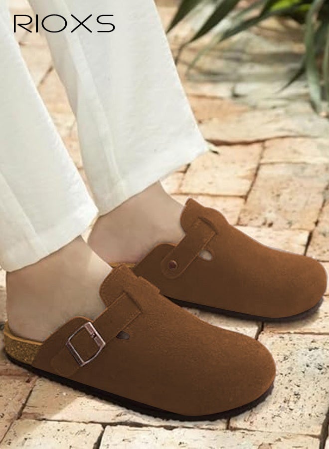RIOXS Unisex Suede Clogs, Women's Flat Mules Men's Clogs Mules, Premium Suede Leather Clogs Sandals, Anti-Slip Flat Mules for Men Women, Classic Slip-On Closed Toe Slippers, Clog Potato Shoes with Arch Support, Soft Cork Footbed Adjustable Buckle Slip Sandals, Casual Clogs for Indoors Outdoor Activities, Wide Feet Friendly Clogs for Work and Weekend Outings, ​Coffer Brown Suede Mules - Image 1