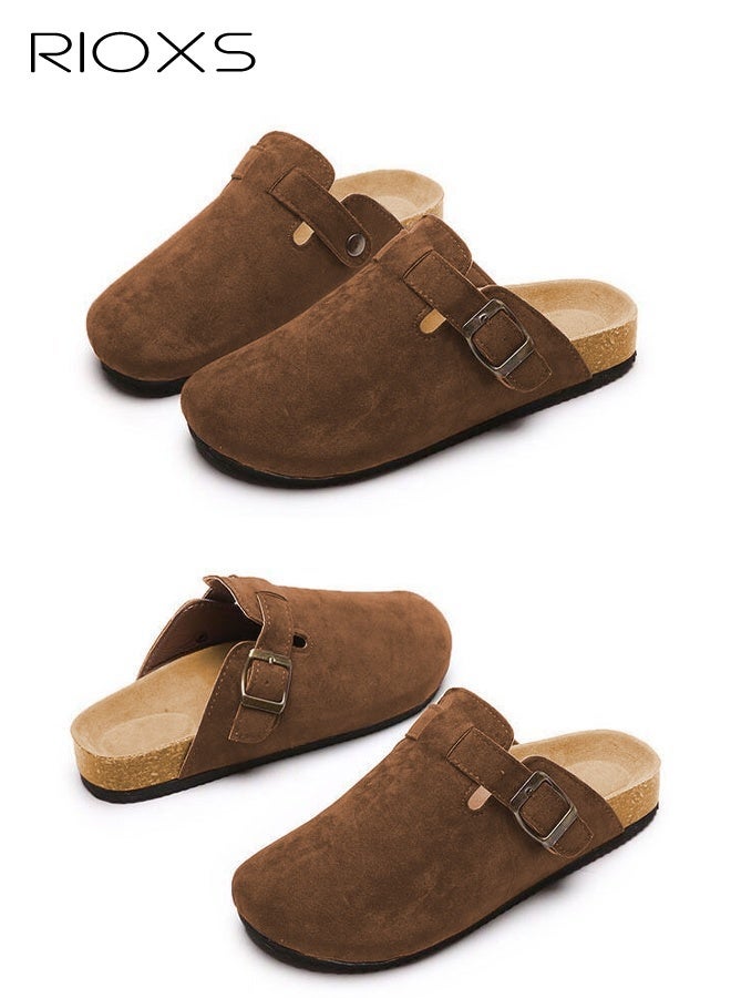 RIOXS Unisex Suede Clogs, Women's Flat Mules Men's Clogs Mules, Premium Suede Leather Clogs Sandals, Anti-Slip Flat Mules for Men Women, Classic Slip-On Closed Toe Slippers, Clog Potato Shoes with Arch Support, Soft Cork Footbed Adjustable Buckle Slip Sandals, Casual Clogs for Indoors Outdoor Activities, Wide Feet Friendly Clogs for Work and Weekend Outings, ​Coffer Brown Suede Mules - Image 3