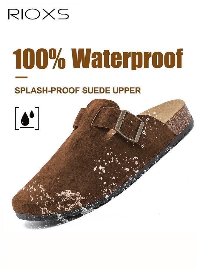 RIOXS Unisex Suede Clogs, Women's Flat Mules Men's Clogs Mules, Premium Suede Leather Clogs Sandals, Anti-Slip Flat Mules for Men Women, Classic Slip-On Closed Toe Slippers, Clog Potato Shoes with Arch Support, Soft Cork Footbed Adjustable Buckle Slip Sandals, Casual Clogs for Indoors Outdoor Activities, Wide Feet Friendly Clogs for Work and Weekend Outings, ​Coffer Brown Suede Mules - Image 4