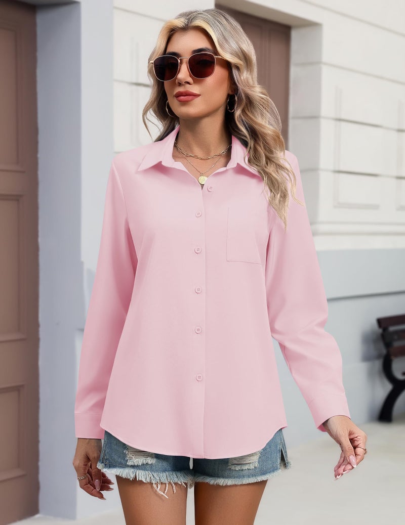 HOTOUCH Long Sleeve Button Down Shirt for Women Pink Blouses Dressy Casual Collared Business Tops Work Outfits L - Image 5