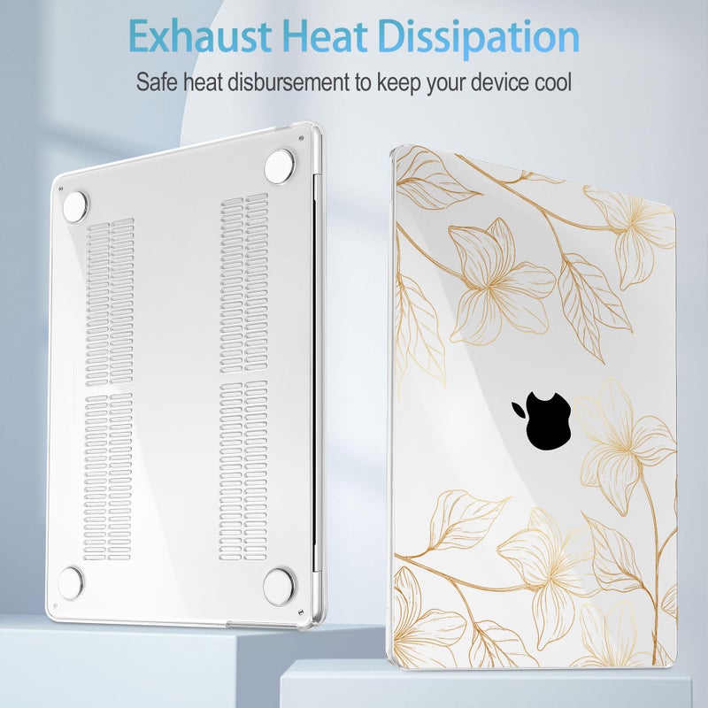 Mektron Designed for 2025/2024/2023 MacBook Air 15 INCH M4 A3241 /M3 A3114 /M2 A2941 Case, Printed Plastic Hard Shell Cover with 15.3" Liquid Retina Display Touch ID, Gold Flower S718 - Image 3